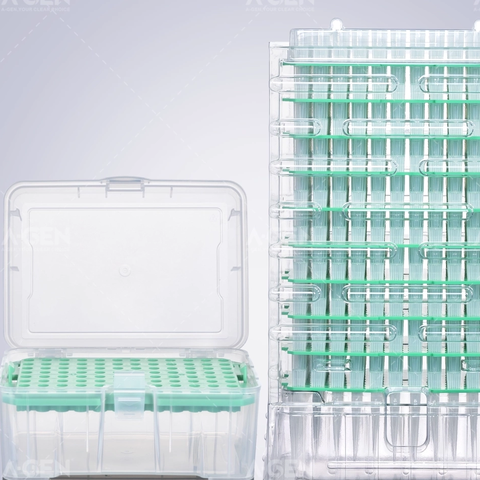 A-GEN Biotechnology R-type suction tips are packed in press-bottom boxes and stacked boxes